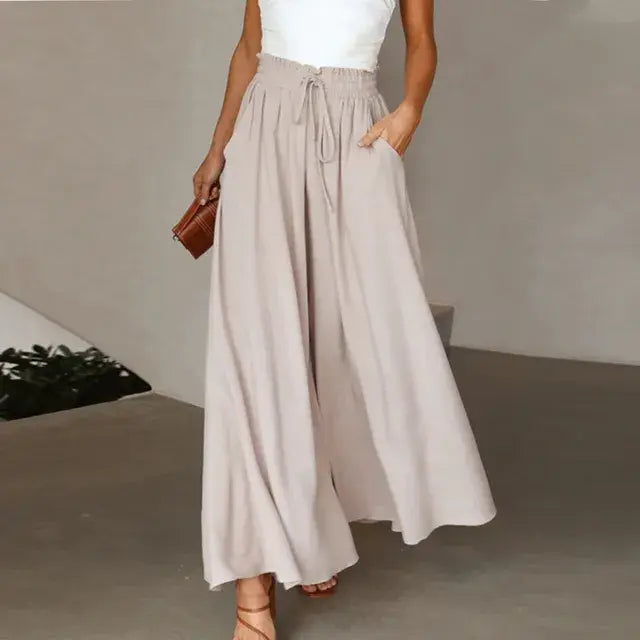Solid Color Elastic High Waist Wide Leg Trousers