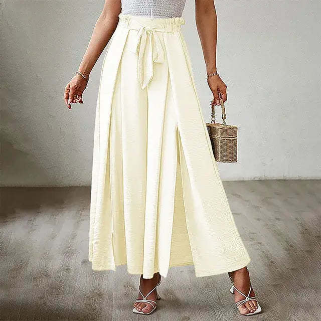 Solid Color Elastic High Waist Wide Leg Trousers