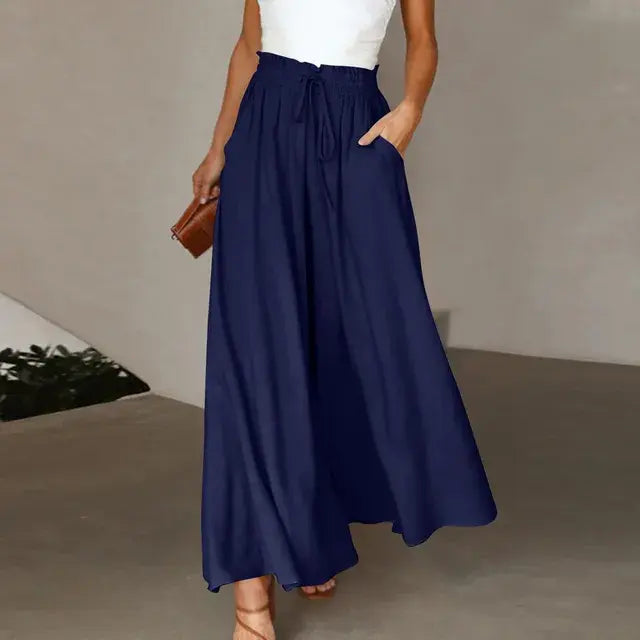 Solid Color Elastic High Waist Wide Leg Trousers