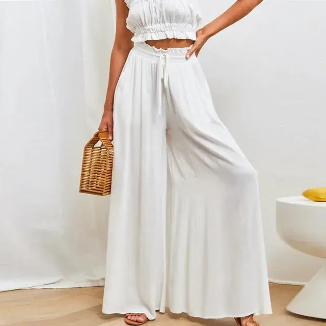 Solid Color Elastic High Waist Wide Leg Trousers