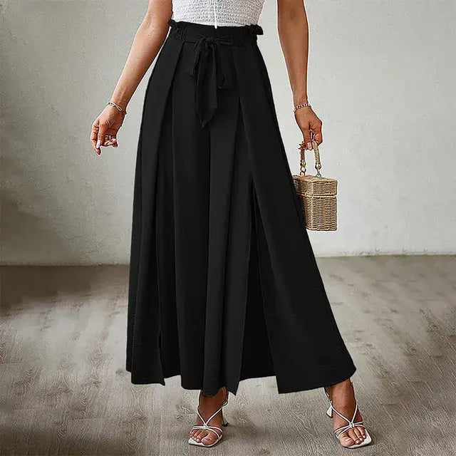 Solid Color Elastic High Waist Wide Leg Trousers