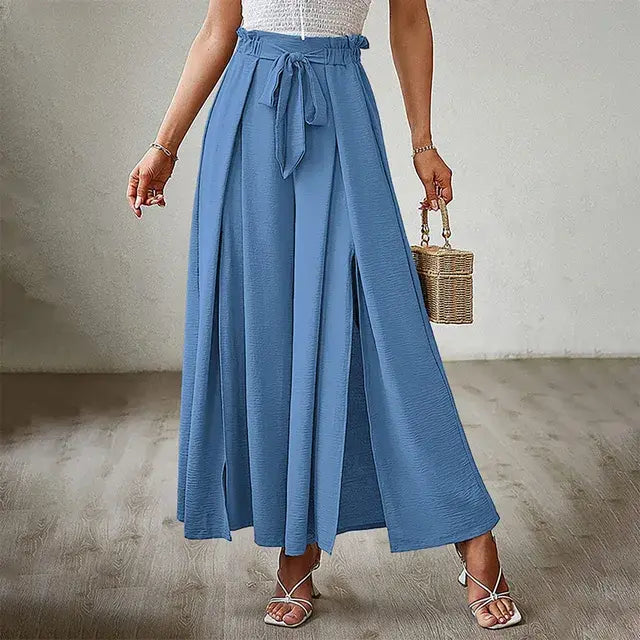 Solid Color Elastic High Waist Wide Leg Trousers