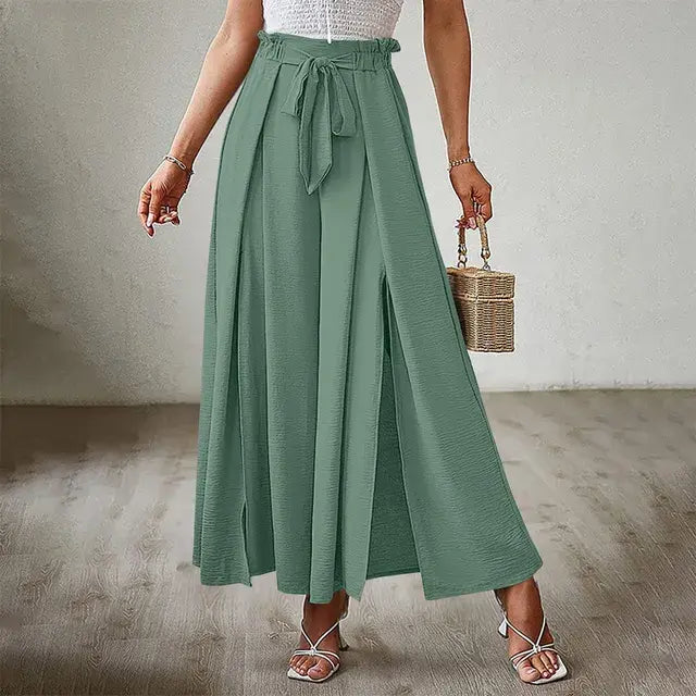 Solid Color Elastic High Waist Wide Leg Trousers