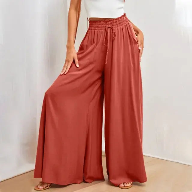 Solid Color Elastic High Waist Wide Leg Trousers