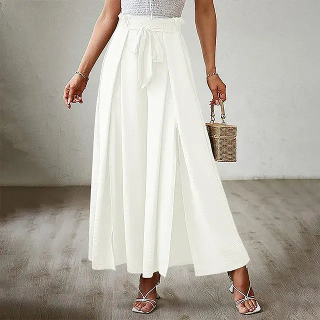 Solid Color Elastic High Waist Wide Leg Trousers