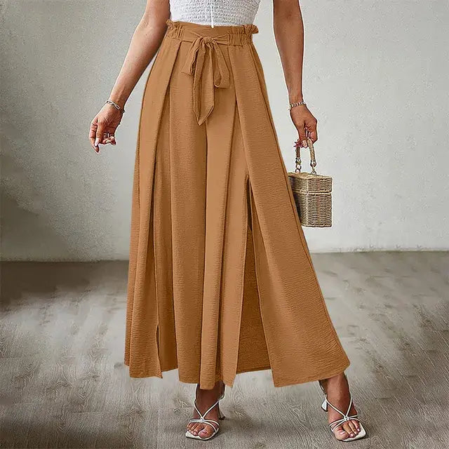 Solid Color Elastic High Waist Wide Leg Trousers