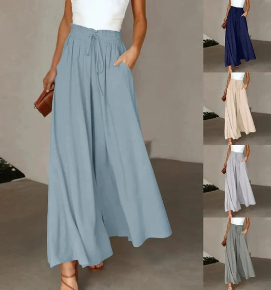 Solid Color Elastic High Waist Wide Leg Trousers