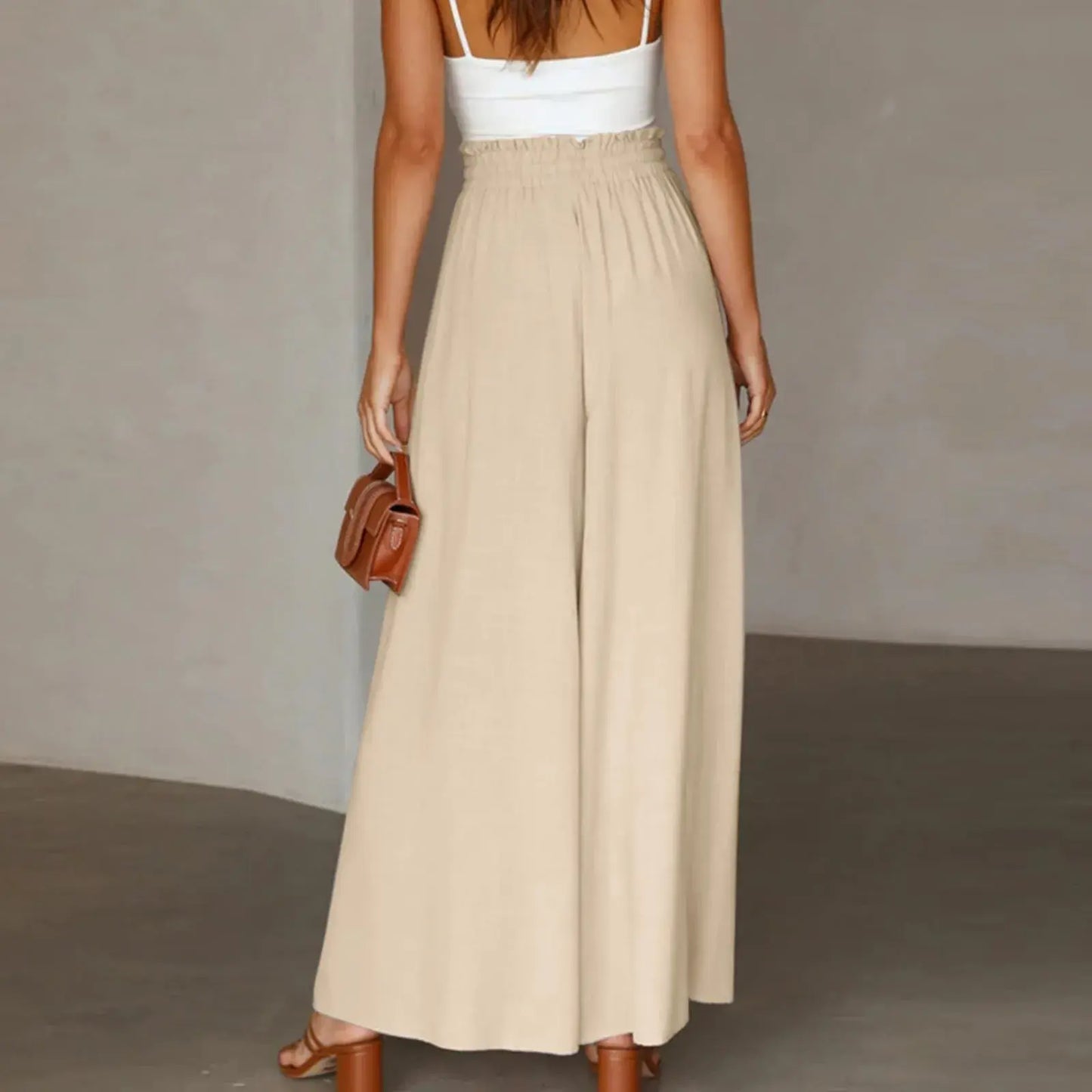 Solid Color Elastic High Waist Wide Leg Trousers
