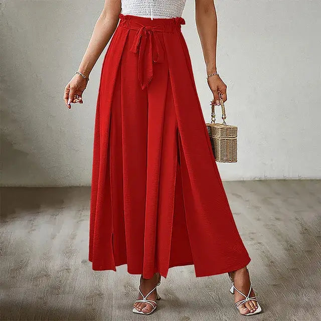 Solid Color Elastic High Waist Wide Leg Trousers