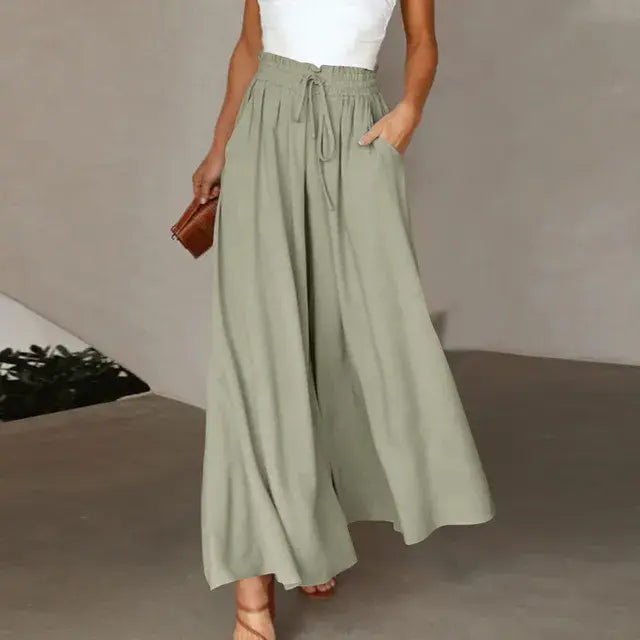 Solid Color Elastic High Waist Wide Leg Trousers