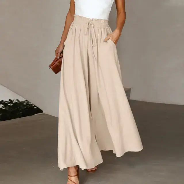Solid Color Elastic High Waist Wide Leg Trousers
