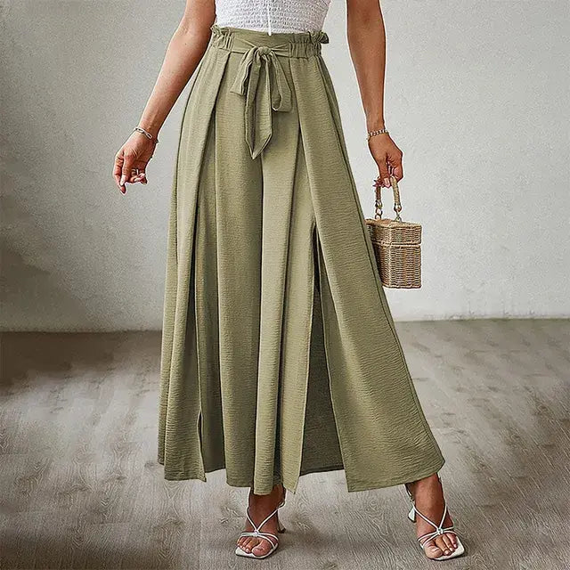 Solid Color Elastic High Waist Wide Leg Trousers
